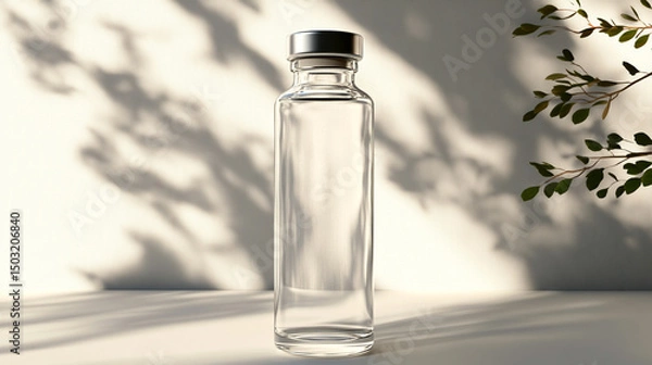 Fototapeta Transparent glass vial with metallic cap standing upright on a clean light background. Minimalistic 3D rendering mockup concept, ideal for branding, packaging design, and pharmaceutical product presen