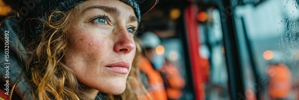 Fototapeta Woman in work attire gazes thoughtfully through rain-streaked window on construction site during overcast day