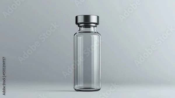 Fototapeta Transparent glass vial with metallic cap standing upright on a clean light background. Minimalistic 3D rendering mockup concept, ideal for branding, packaging design, and pharmaceutical product presen