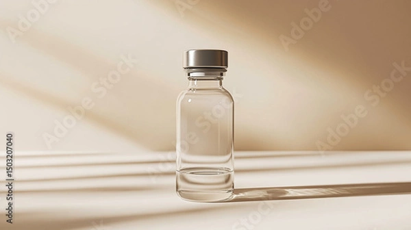Fototapeta Transparent glass vial with metallic cap standing upright on a clean light background. Minimalistic 3D rendering mockup concept, ideal for branding, packaging design, and pharmaceutical product presen