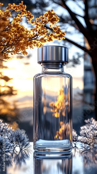 Fototapeta Transparent glass vial with metallic cap standing upright on a clean light background. Minimalistic 3D rendering mockup concept, ideal for branding, packaging design, and pharmaceutical product presen