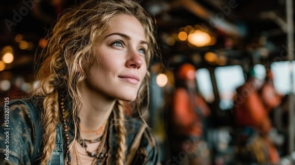 Fototapeta Woman with braided hair gazes thoughtfully while working in a lively industrial setting during the afternoon