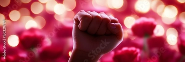 Fototapeta Fist raised in solidarity with vibrant flowers and soft lights in the background