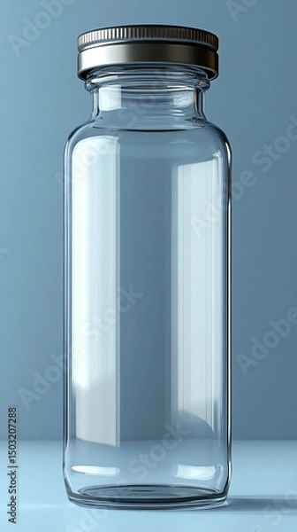 Fototapeta Transparent glass vial with metallic cap standing upright on a clean light background. Minimalistic 3D rendering mockup concept, ideal for branding, packaging design, and pharmaceutical product presen