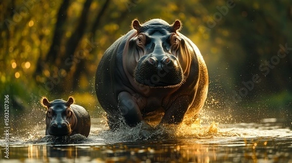 Fototapeta Hippos running at sunset in a river, capturing the beauty of wildlife in a natural habitat