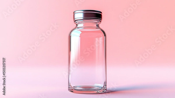 Fototapeta Transparent glass vial with metallic cap standing upright on a clean light background. Minimalistic 3D rendering mockup concept, ideal for branding, packaging design, and pharmaceutical product presen