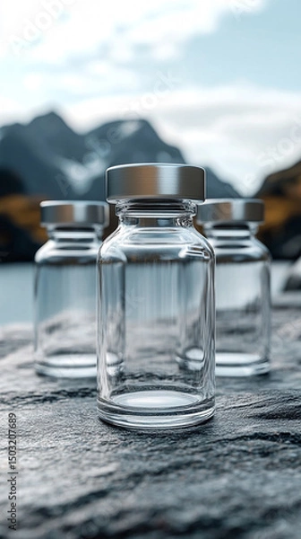 Fototapeta Transparent glass vial with metallic cap standing upright on a clean light background. Minimalistic 3D rendering mockup concept, ideal for branding, packaging design, and pharmaceutical product presen