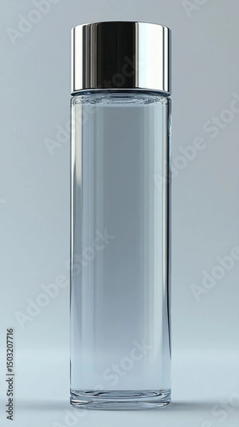 Fototapeta Transparent glass vial with metallic cap standing upright on a clean light background. Minimalistic 3D rendering mockup concept, ideal for branding, packaging design, and pharmaceutical product presen