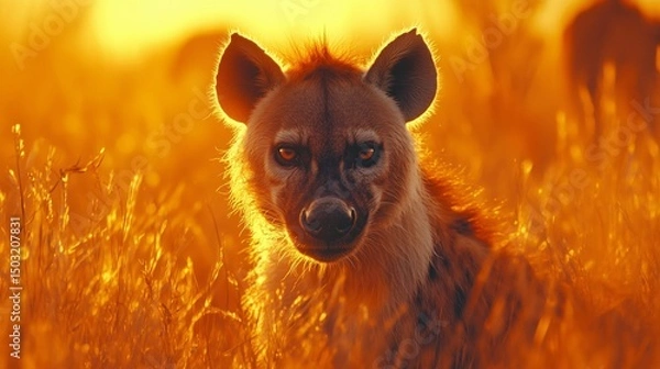 Fototapeta Hyena encounters twilight in a golden savanna during a warm evening safari