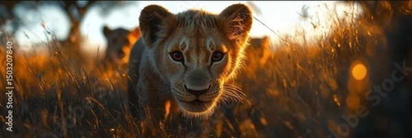 Fototapeta Lion cub explores savanna at sunset with siblings in the background