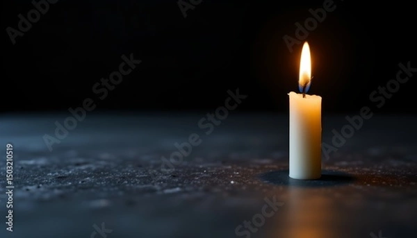 Fototapeta a single lit candle on a black surface with the flame in sharp focus