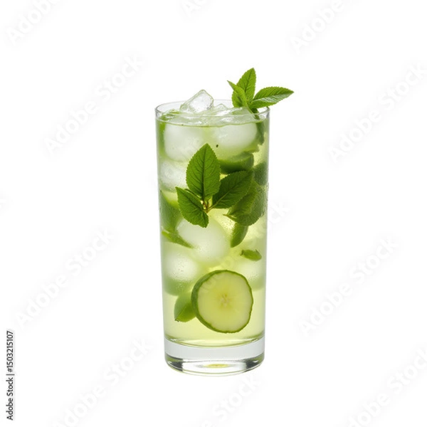 Obraz Fresh cucumber mint lemonade with ice and mint leaves in a tall glass, vibrant and refreshing, perfect summer drink.