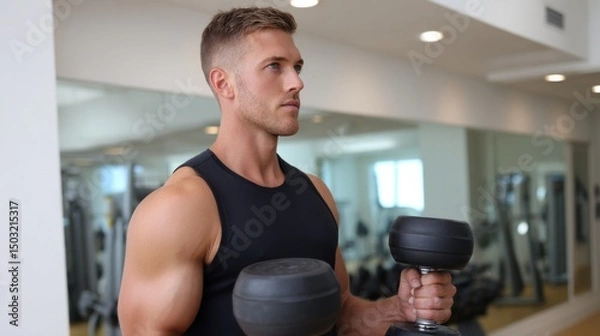Fototapeta Bodybuilder lifting weights, concentrating on fitness goals in gym