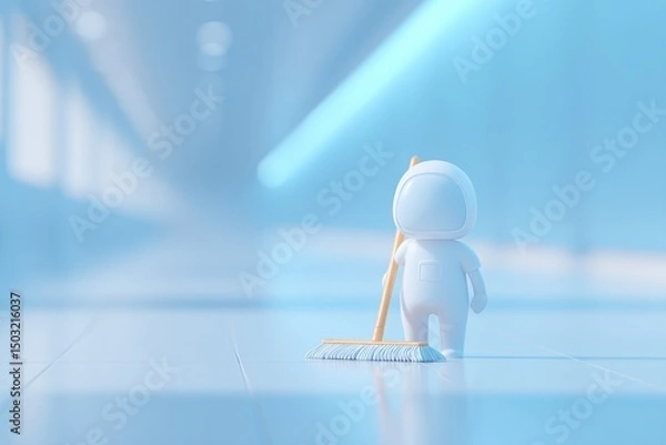 Obraz of 3d-rendered janitor in sterile minimalistic hallway with ample copy space on left