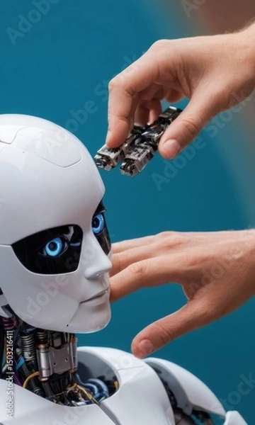 Obraz Human hands assembling a robot head with glowing blue eyes and exposed wiring