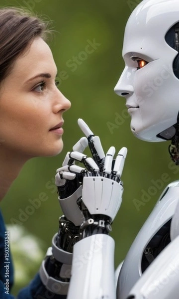 Fototapeta Woman Looking at White Robot with Artificial Hands Touching in Outdoor Green Environment