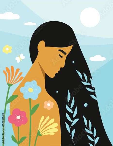 Fototapeta Profile of a woman with long hair against the background of branches with leaves with flowers, sky with clouds. Symbol of harmony with nature, beauty, youth. Vector graphics.