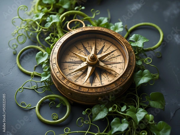 Fototapeta Navigational Compass: A vintage compass, adorned with lush green vines, rests on a textured surface, symbolizing direction and exploration, inviting viewers to embark on a journey of discovery.