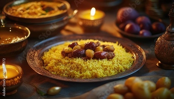 Fototapeta Aromatic yellow rice dish with dates and nuts, surrounded by traditional servingware