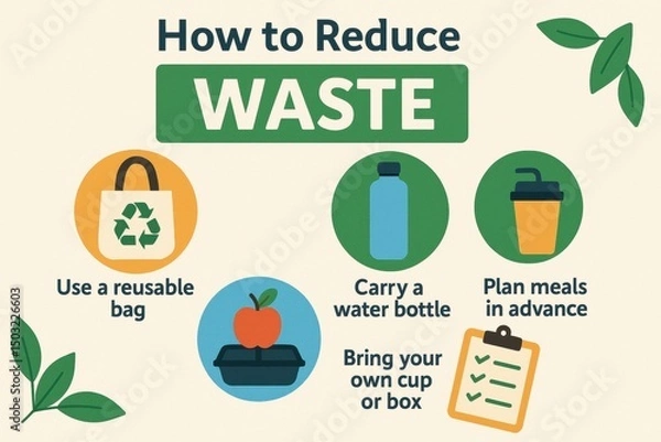 Obraz Zero Waste Lifestyle Illustration with Reusable Bag, Water Bottle, and Meal Planning