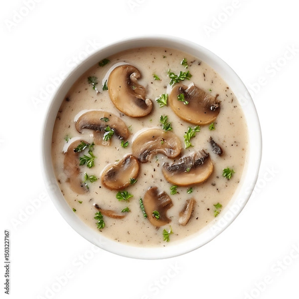 Fototapeta Creamy mushroom soup in a white bowl, garnished with fresh parsley.  Top view.
