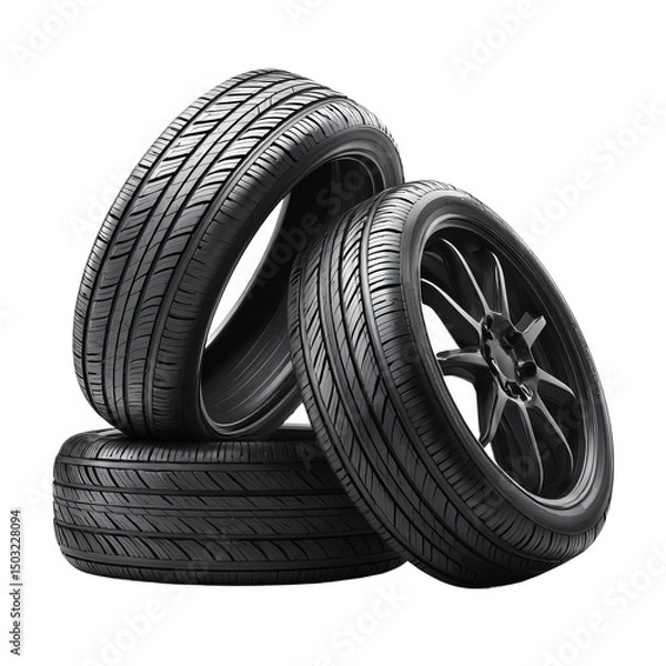 Fototapeta A stack of car tires, showcasing a detailed tread design. The tires are a bold black, suggesting durability and performance