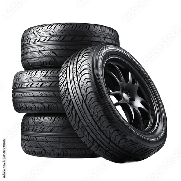 Fototapeta A stack of four tires with one tire leaning towards the stack