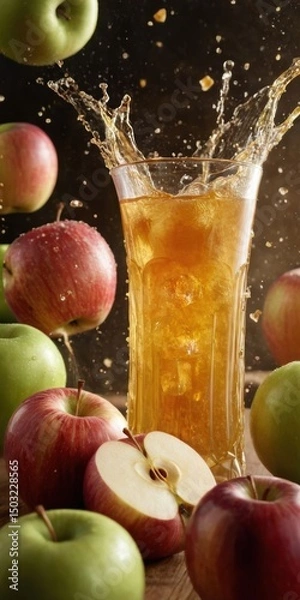 Obraz Apple Juice Splashing in Glass with Fresh Red and Green Apples Around