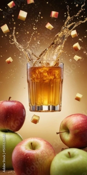 Obraz Refreshing Apple Juice Splashing into Glass with Apple Cube Pieces and Fresh Fruit