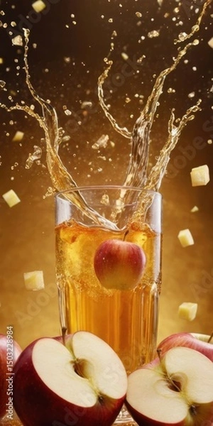 Obraz Apple juice with a splash in glass, fruit cubes and halved red apples