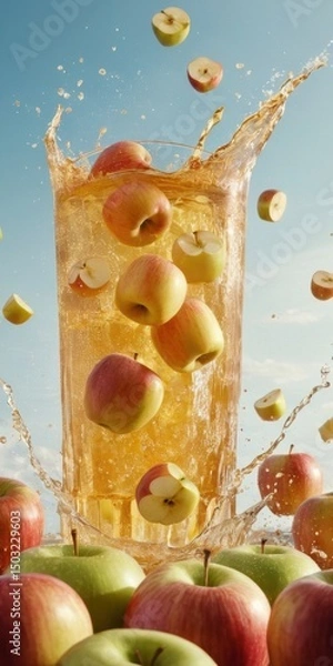 Obraz Apples and Juice Splashing Around a Glass Against a Sky Background