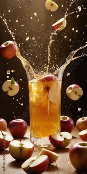 Obraz Apple juice splashes from a faceted glass with ice and fruit pieces