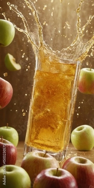 Obraz Refreshing apple juice splashing from a square glass surrounded by red and green apples