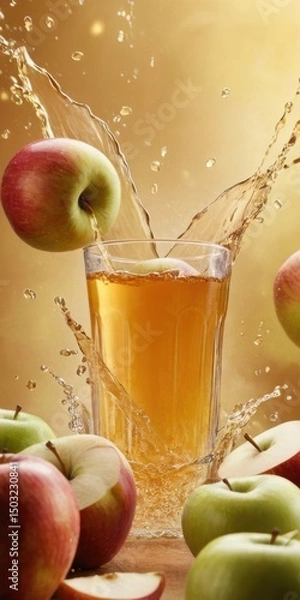 Obraz Apple juice overflowing clear glass surrounded by fresh apples with water droplets