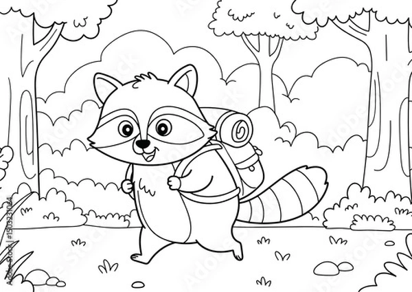 Fototapeta Cartoon raccoon hiking with backpack in forest coloring page. A4 size colouring page, ready to print on standard A4 paper.