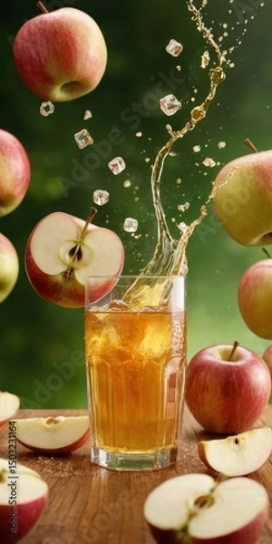 Obraz Refreshing apple juice splash with floating fruit and ice cubes on a table outdoors