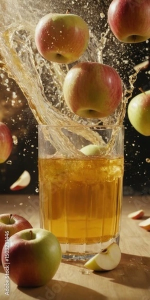 Obraz Apples and Juice Splashing from a Glass on a Wooden Surface
