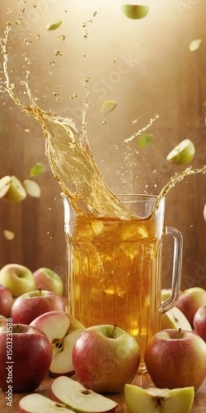 Obraz Apple Juice Splashing from a Glass Pitcher Surrounded by Fresh Apples