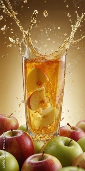 Obraz Apple juice splashing out of a glass with apple slices and surrounding whole apples