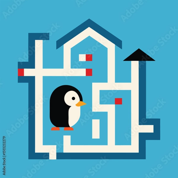Fototapeta Vector maze game with penguin finding the house 