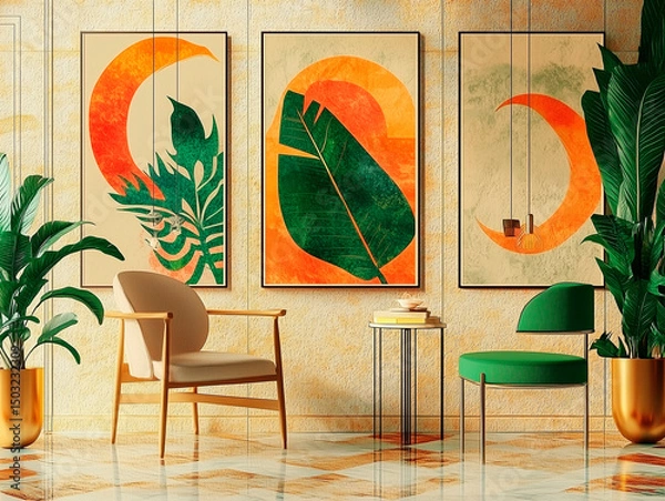 Fototapeta Frames in a cozy home interior. Living room in boho style. Bright colors are used, but natural tones are always present - beige and brown tones.