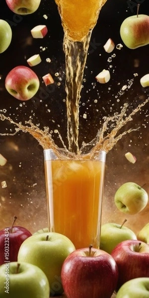 Obraz Refreshing Apple Juice Pouring into a Glass Surrounded by Fresh Red and Green Apples