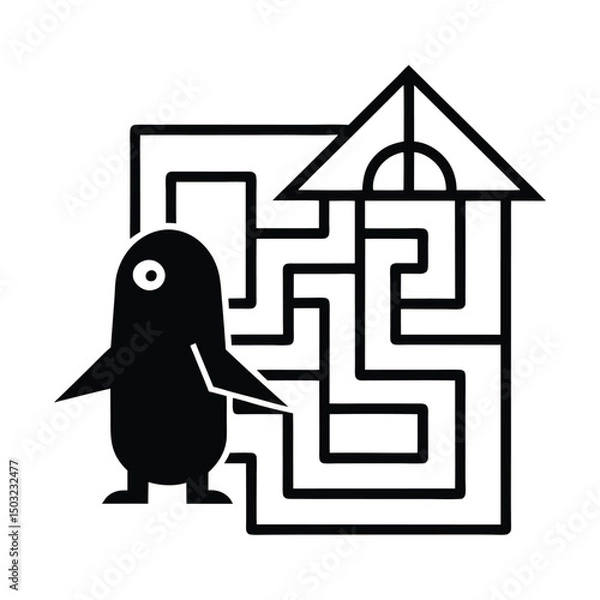 Fototapeta Vector maze game with penguin finding the house 