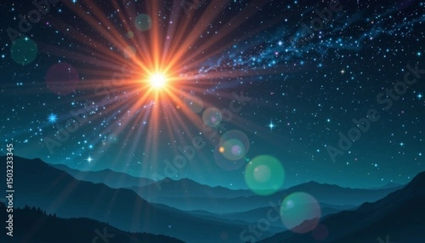 Fototapeta d render of sparkling lights in night sky with emerald tones, subject positioned on left with copy space on right under solar flare.