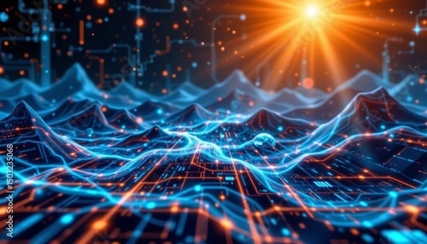 Obraz abstract landscape of a hi tech network grid in cyberspace on a blue background, 3d technology illustration at the top with clear copy space at the bottom.