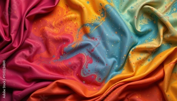 Obraz subject at the bottom of a colorful flowing fabric background in retro style with bronze tones, ample copy space at the top for photos.