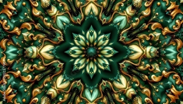 Obraz dark green and gold fractal flower pattern position: top of the image focus: copy space at the bottom.