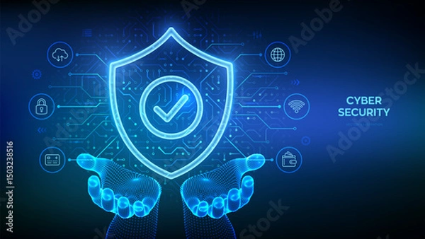 Fototapeta Security shield. Cyber security. Protection shield with Check mark icon in wireframe hands. Cyber data protection. Information privacy idea. Circuit board pattern. PCB printed circuit texture. Vector.