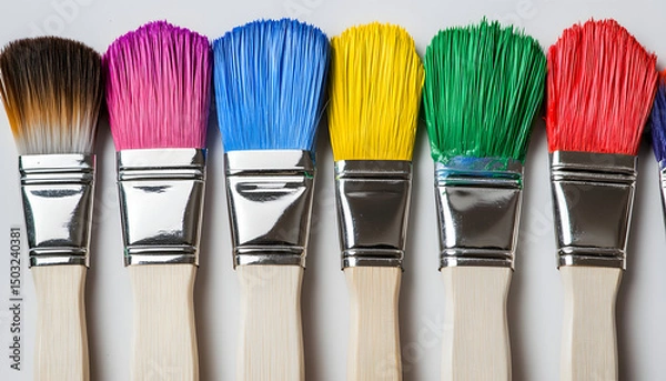 Fototapeta Various paintbrushes with vibrant paint colors on their bristles.
