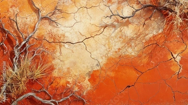 Fototapeta flat lay of cracked red earth in Australian Outback with dry grasses, bold terracotta and ochre tones